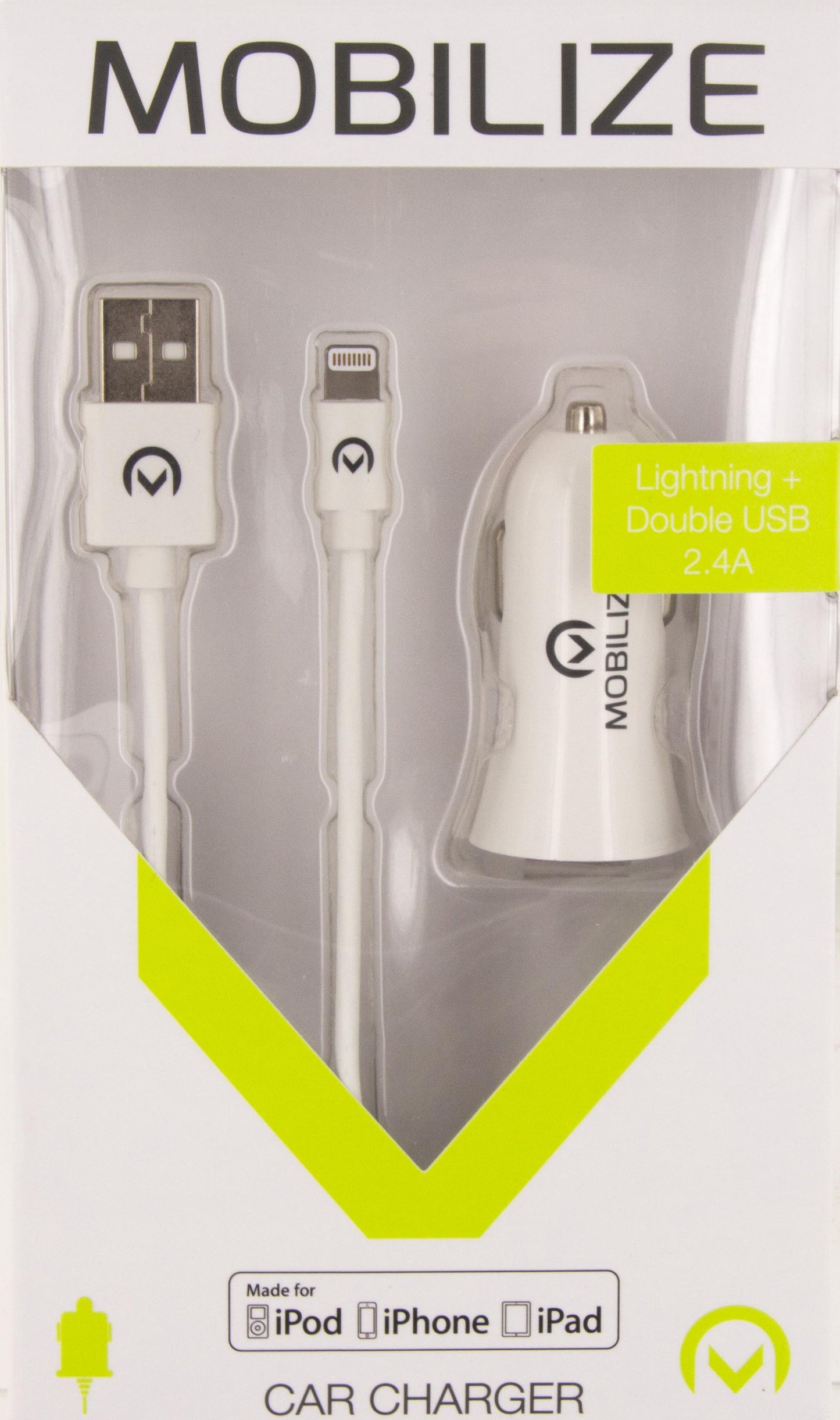 Mobilize Car Charger 2X Usb 24W + Usb To Apple Mfi Lighting Cable 1M. White