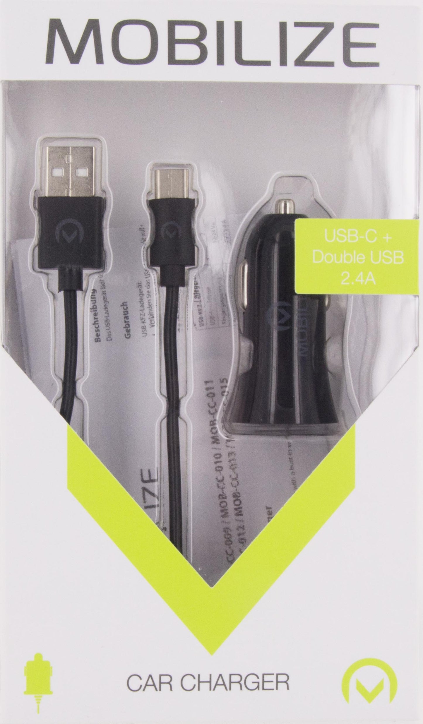 Mobilize Car Charger Dual Usb 2.4A 12W + 1M Usb-C Cable Black