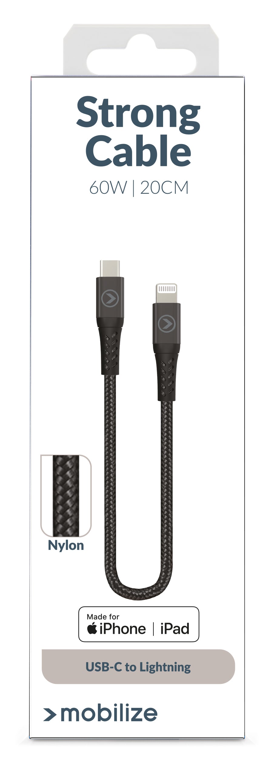 Mobilize Strong Nylon Cable Usb-C To Mfi Lighting 20Cm. 60W Black