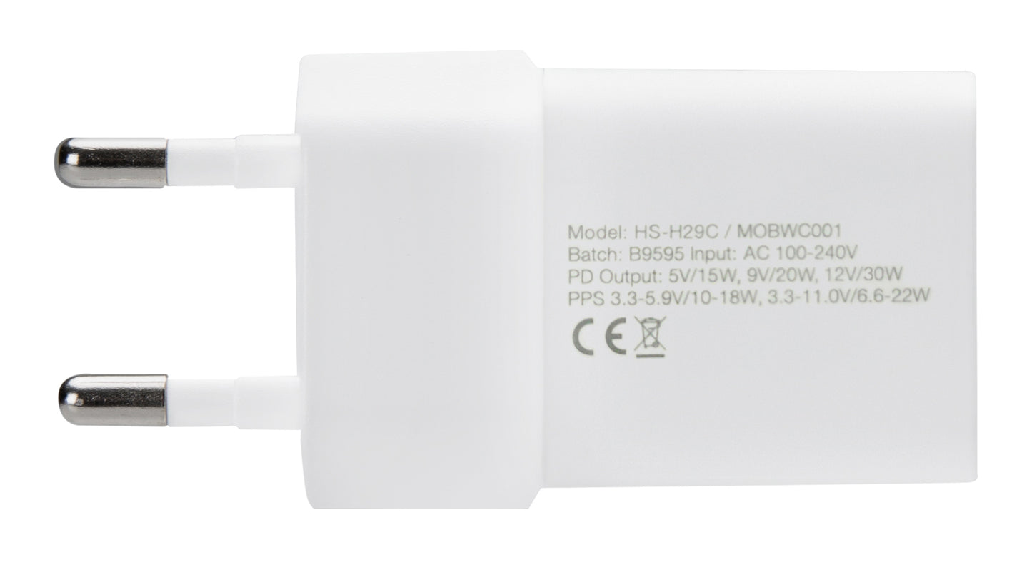 Mobilize Wall Charger Usb-C Gan 30W With Pd/Pps + Usb-C Nylon Cable 1.2M White