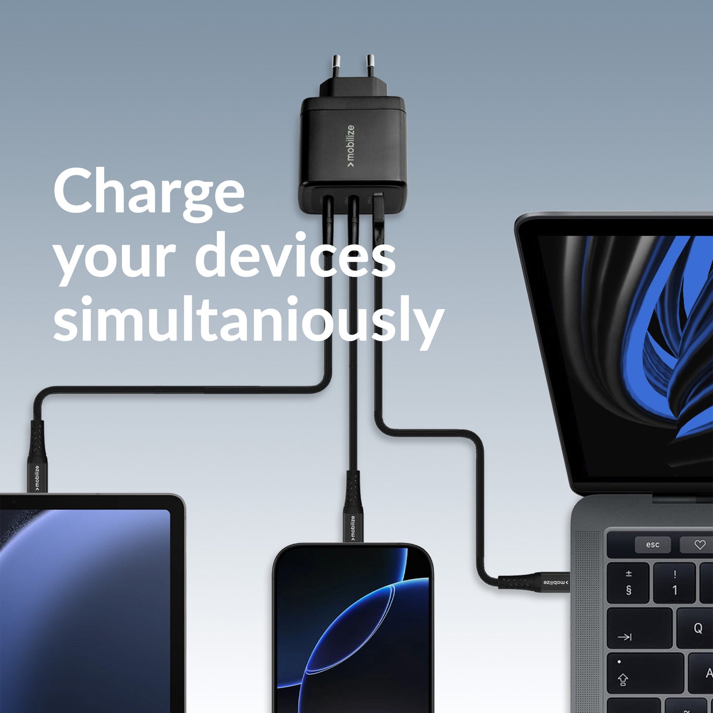 Mobilize Wall Charger 2X Usb-C + 1X Usb Gan 65W With Pd/Pps Black