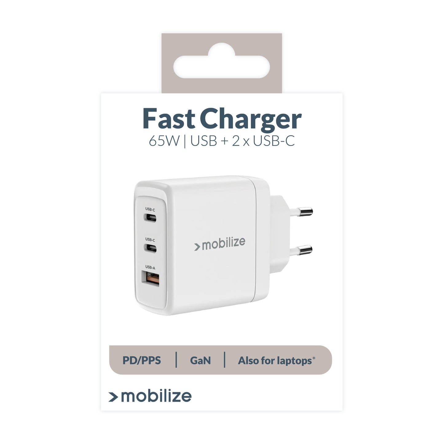 Mobilize Wall Charger 2X Usb-C + 1X Usb Gan 65W With Pd/Pps White