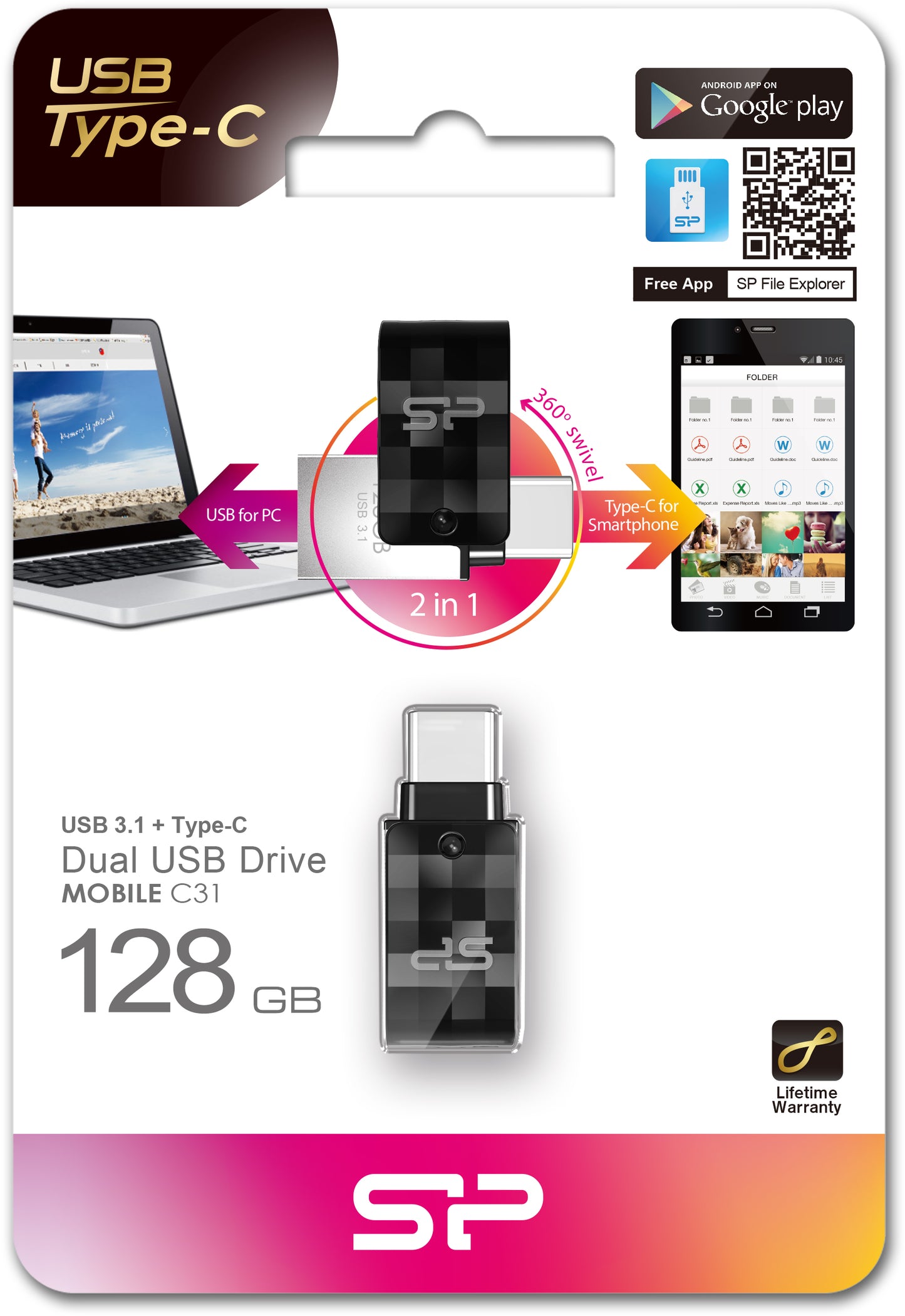Silicon Power C31 Dual Usb Pendrive Mobile 128Gb Usb-C Black