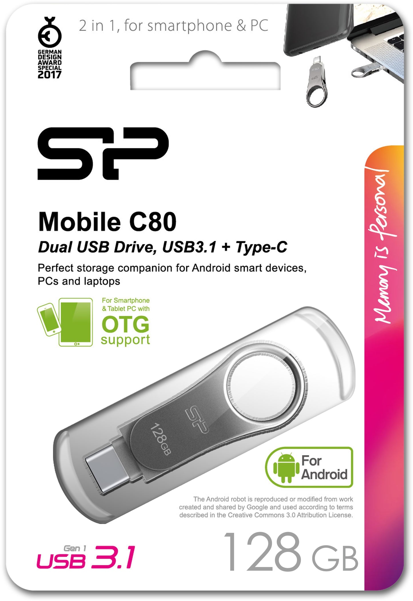 Silicon Power C80 Dual Usb Pendrive Mobile 128Gb Usb-C Grey