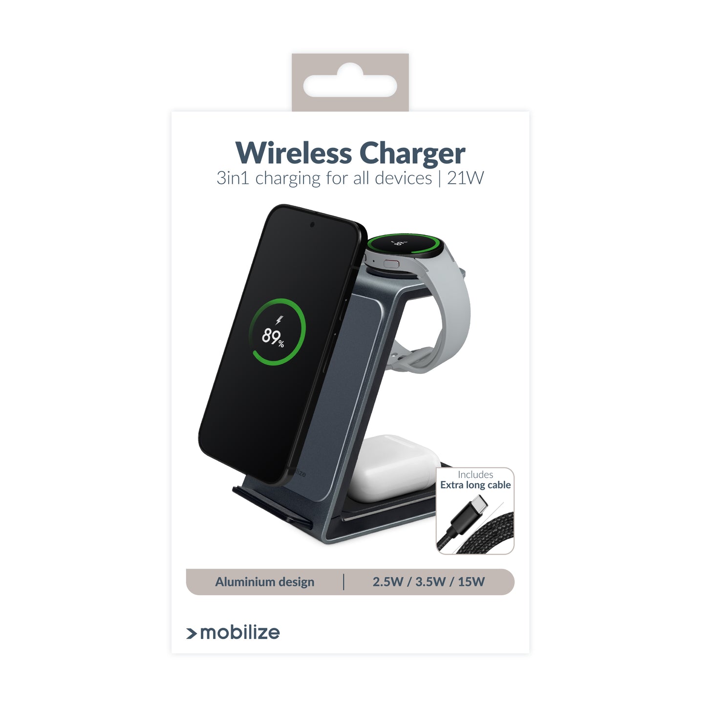 Mobilize 3In1 Aluminium Wireless Charger Station 15W