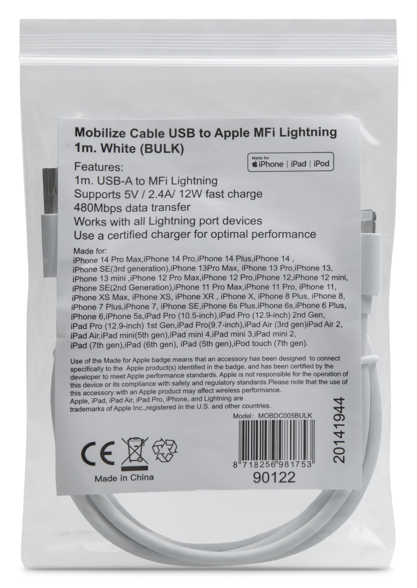 Mobilize Bulk Mobilize Cable Usb To Apple Mfi Lightning 1M. 12W White (Bulk)
