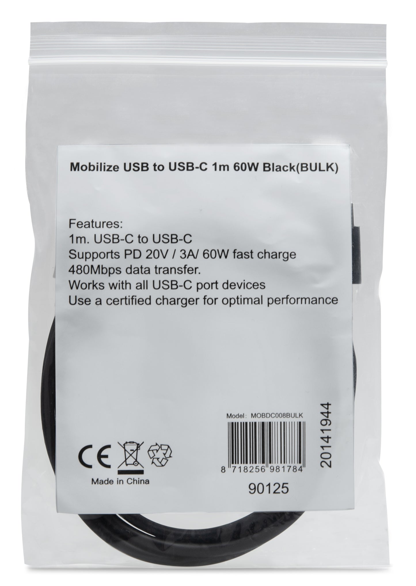 Mobilize Bulk Mobilize Cable Usb-C To Usb-C 1M. 60W Black (Bulk)
