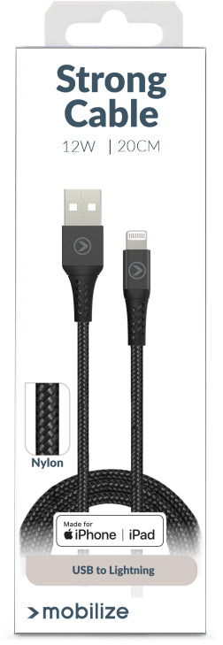 Mobilize Strong Nylon Cable Usb To Apple Mfi Lightning 20Cm. 12W Black