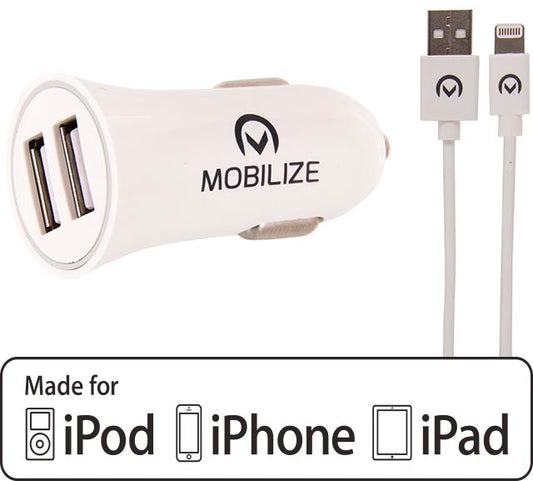 Mobilize Car Charger 2X Usb 24W + Usb To Apple Mfi Lighting Cable 1M. White
