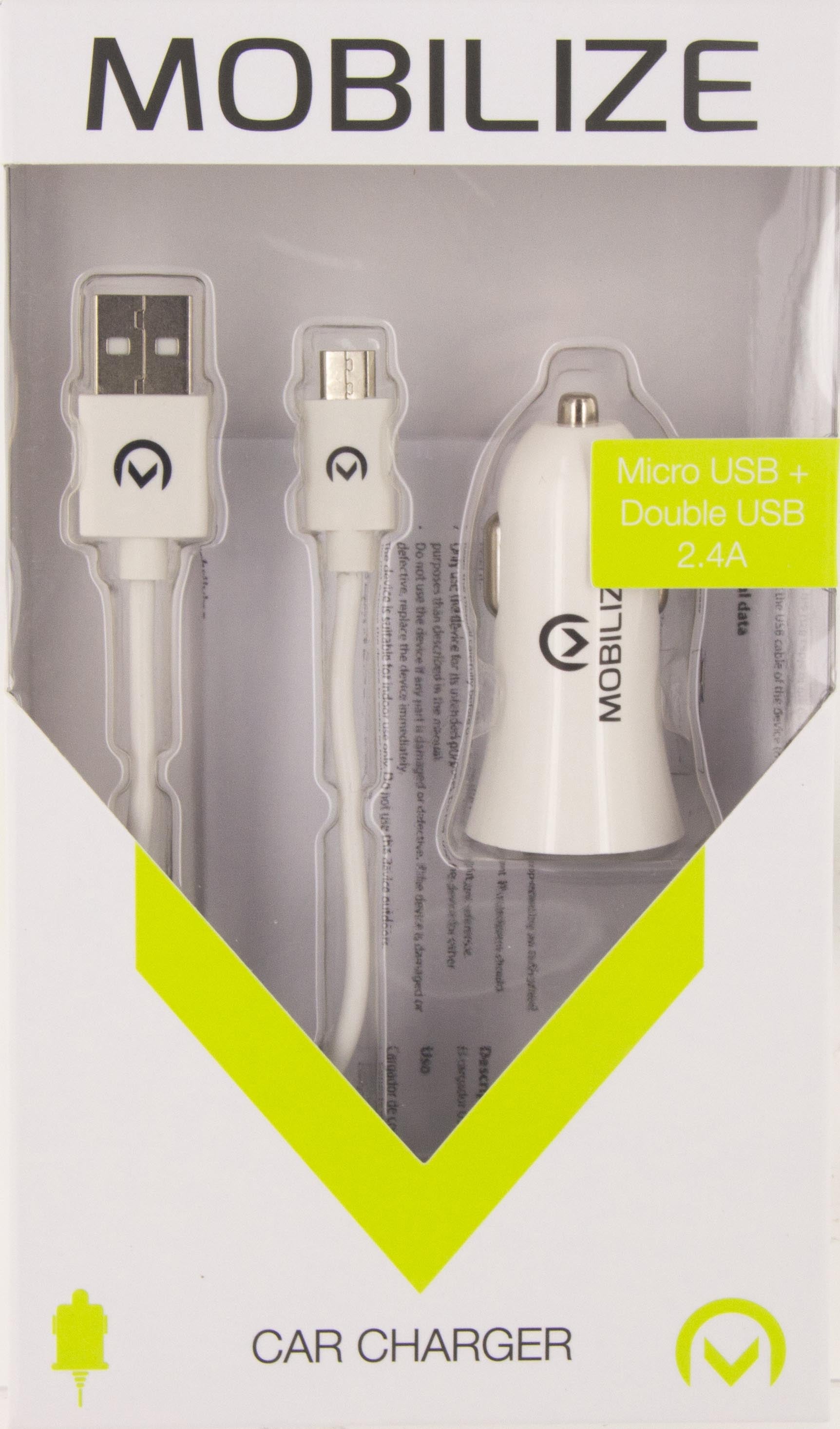 Mobilize Car Charger 2X Usb + Usb To Micro Usb Cable 12W 1M. White