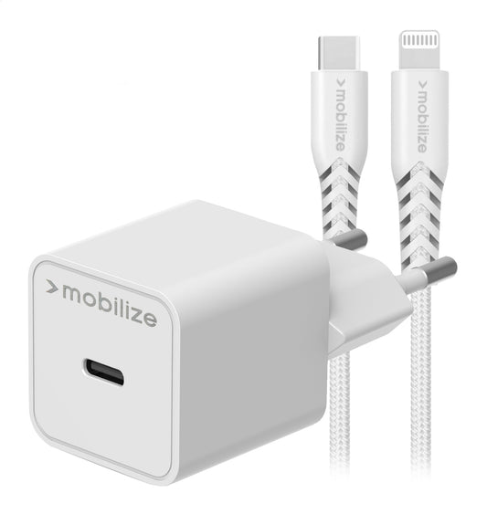 Mobilize Wall Charger Usb-C 20W With Pd + Mfi Lightning Nylon Cable 1.2M White