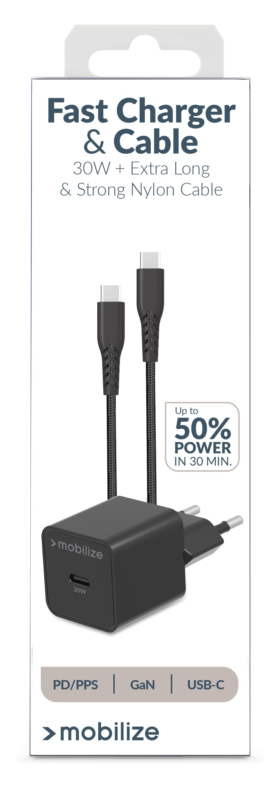 Mobilize Wall Charger Usb-C Gan 30W With Pd/Pps + Usb-C Nylon Cable 1.2M Black