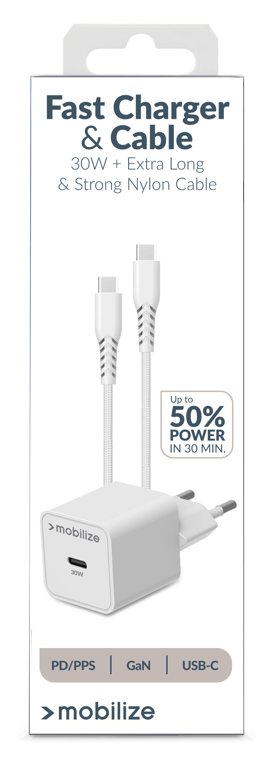 Mobilize Wall Charger Usb-C Gan 30W With Pd/Pps + Usb-C Nylon Cable 1.2M White