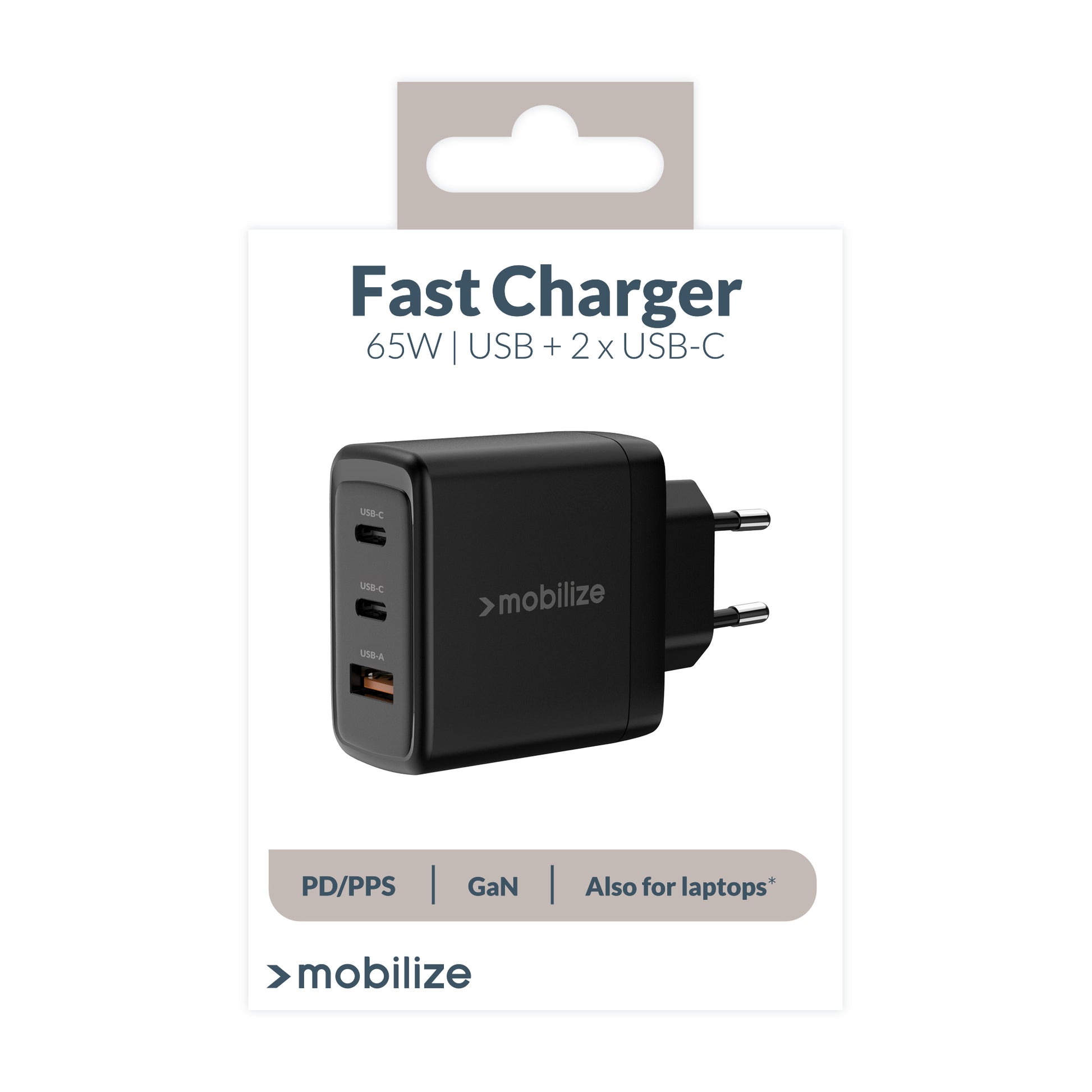 Mobilize Wall Charger 2X Usb-C + 1X Usb Gan 65W With Pd/Pps Black