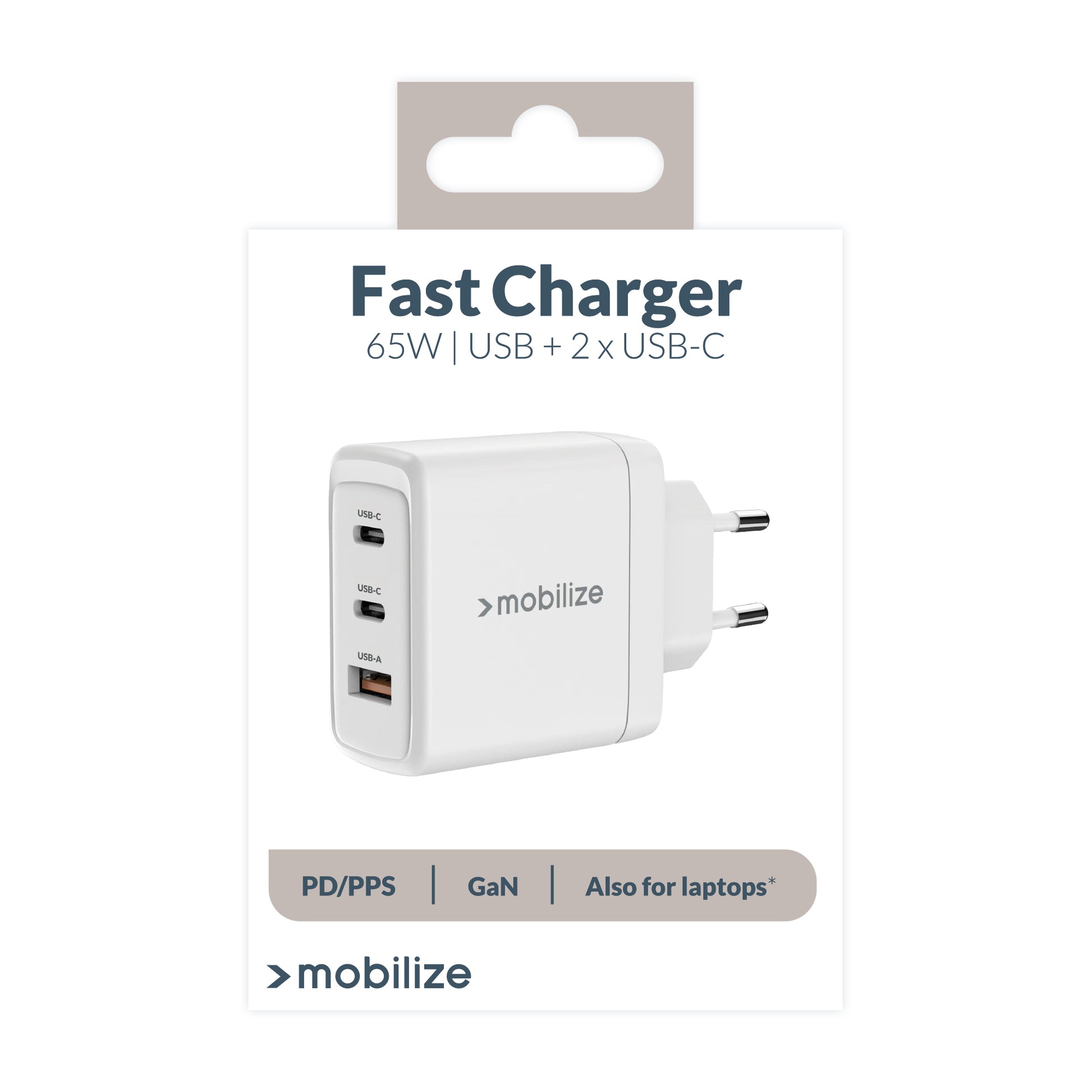 Mobilize Wall Charger 2X Usb-C + 1X Usb Gan 65W With Pd/Pps White