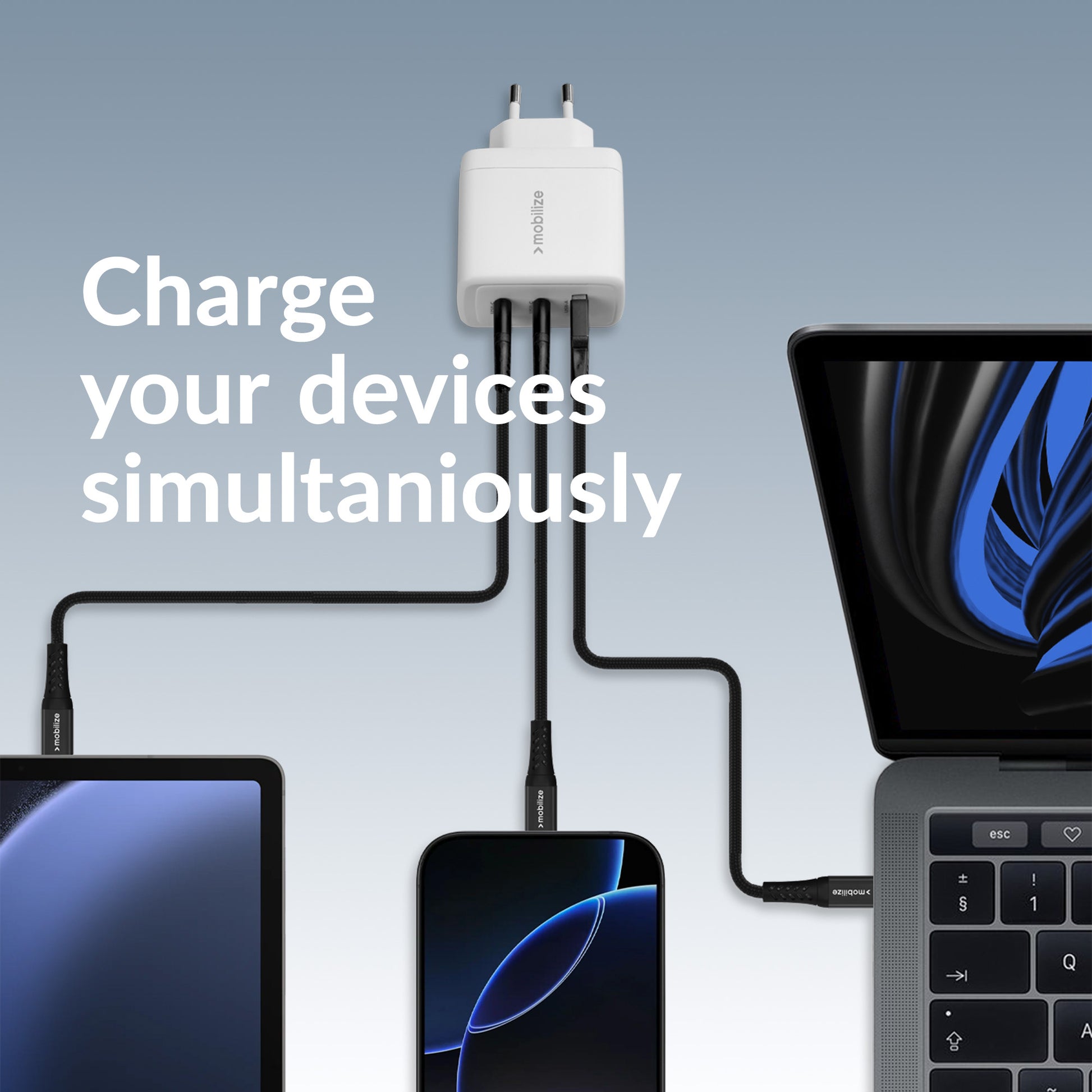 Mobilize Wall Charger 2X Usb-C + 1X Usb Gan 65W With Pd/Pps White