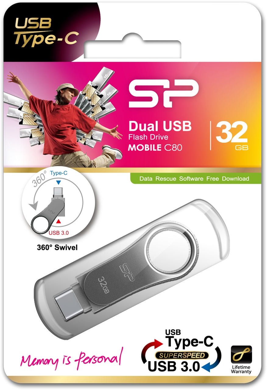 Silicon Power C80 Dual Usb Pendrive Mobile 32Gb Usb-C Grey