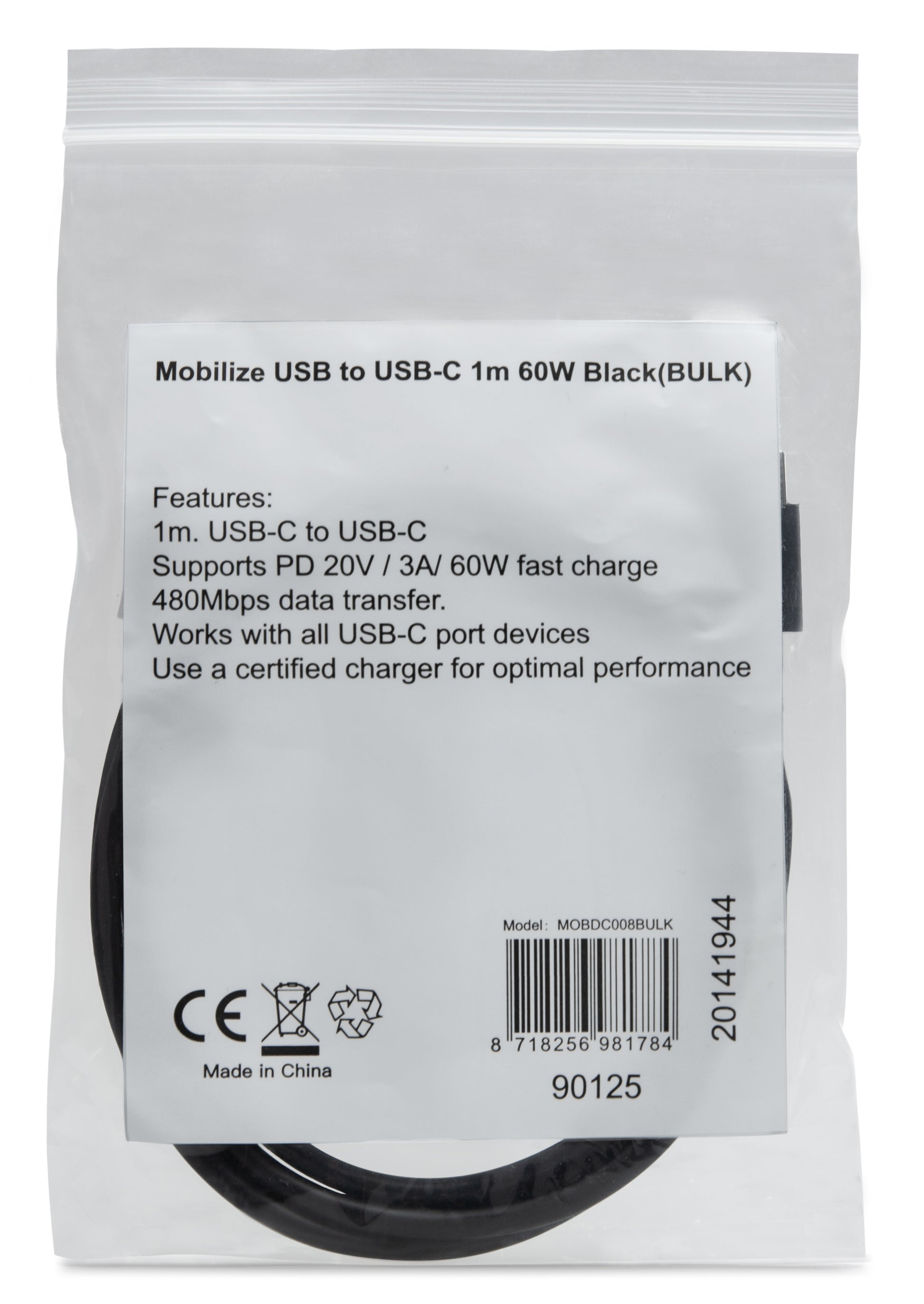 Mobilize Bulk Mobilize Cable Usb-C To Usb-C 1M. 60W Black (Bulk)